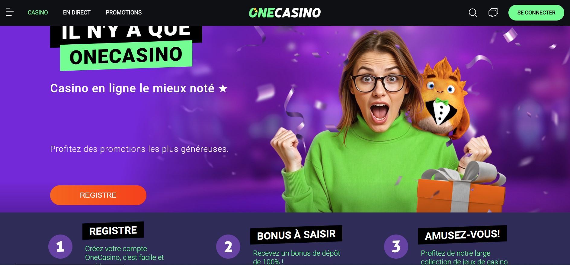 Interface d'accueil du casino en ligne onecasino